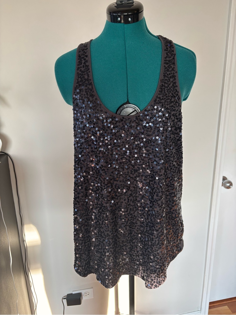 Express grey silver sequin workout tank, large